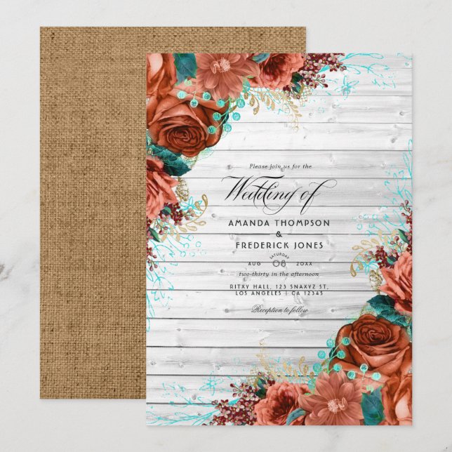 Convites Casamento Floral Rústico em Celeiro Corais e Azul  (Frente/Verso)