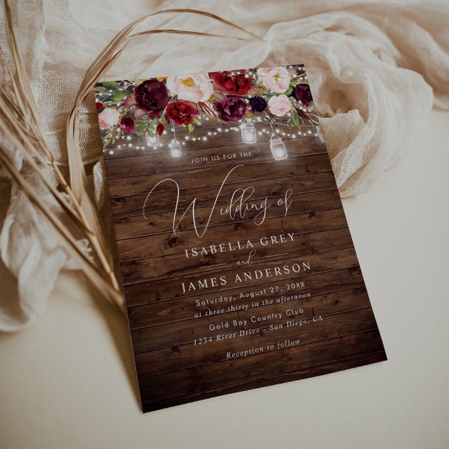 Convites Casamento Floral Rústico em Madeira Borgonha  (Criador carregado)