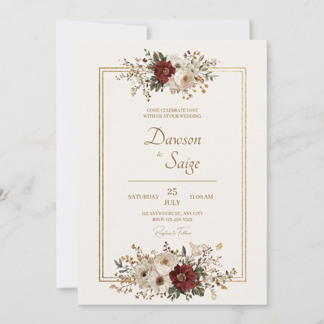 Convites Casamento Floral Rústico em Marfim e Dourado de Bo (Frente)