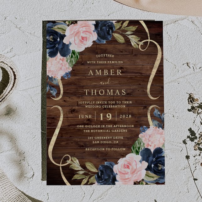 Convites Casamento Floral Rustico Encantador Azul Rosa (Criador carregado)