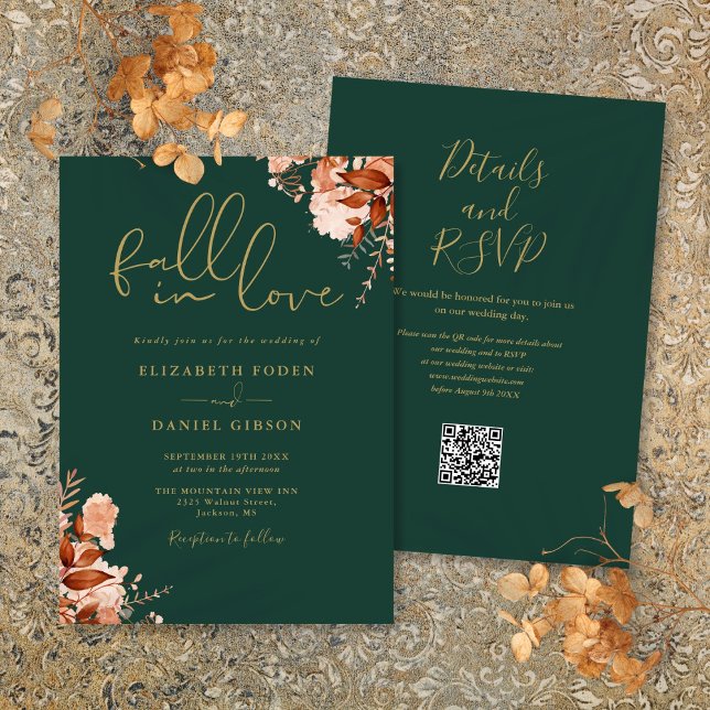 Convites Casamento Floral Rústico Esmeralda e Dourado com C (Emerald And Gold Rustic Floral QR Code Wedding Invitation)