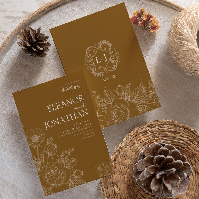 Convites Casamento Floral Rústico Minimalista Marrom Elegan (Criador carregado)