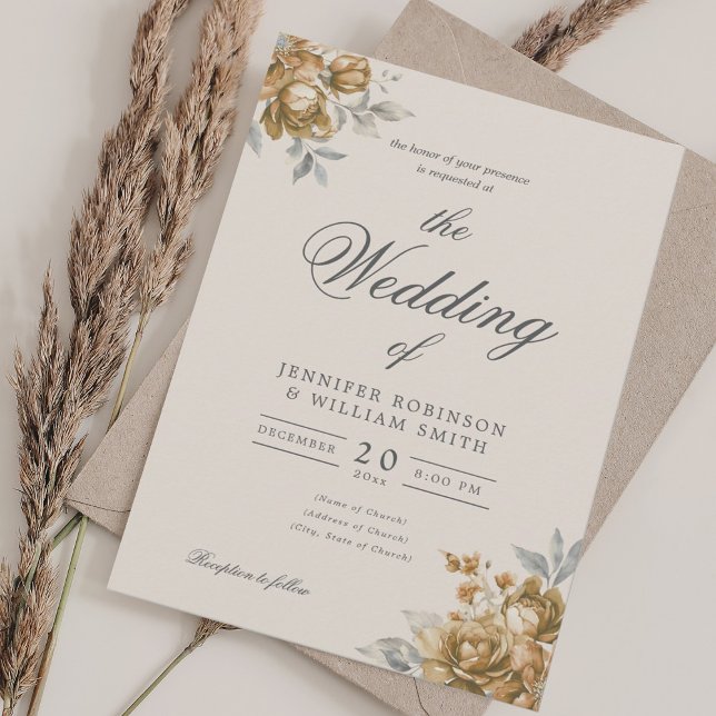Convites Casamento Floral Rústico Natural Elegante Script  (Gold Natural Rustic Floral Elegant Script Wedding Invitation)