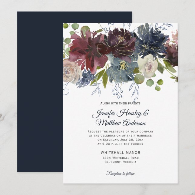 Convites Casamento Floral Rústico Navy Burgundy Marsala Dou (Frente/Verso)