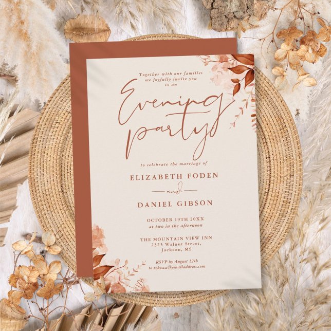 Convites Casamento Floral Rústico Outono Noite Festa (Rustic Floral Fall Wedding Evening Party Invitation)