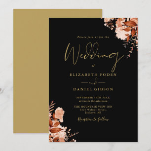 Convites Casamento Floral Rústico Preto e Dourado Elegante