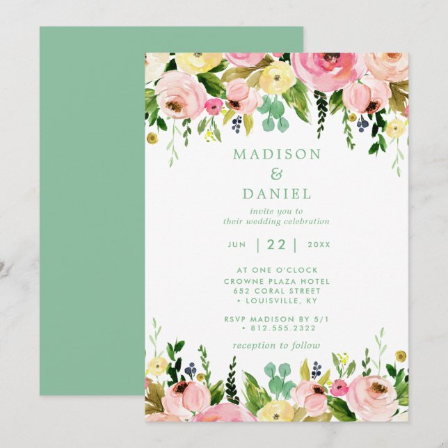 Convites Casamento Floral Rústico Rosa e Verde Menta (Frente/Verso)