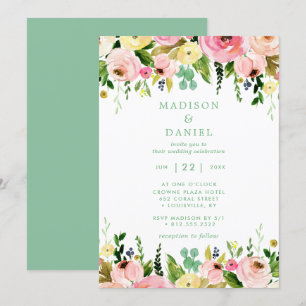 Convites Casamento Floral Rústico Rosa e Verde Menta