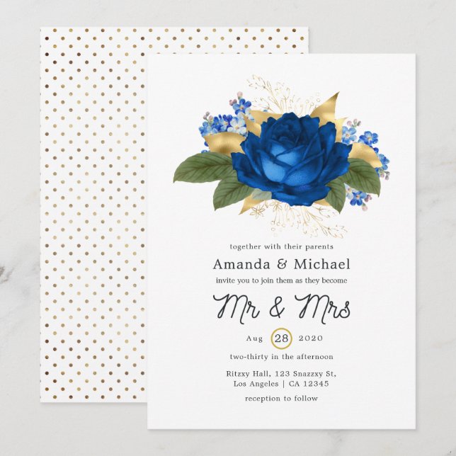 Convites Casamento Floral Rústico Shabby Azul Real e Dourad (Frente/Verso)