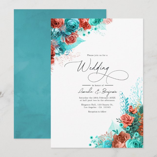 Convites Casamento Floral Rústico Turquesa e Coral (Frente/Verso)