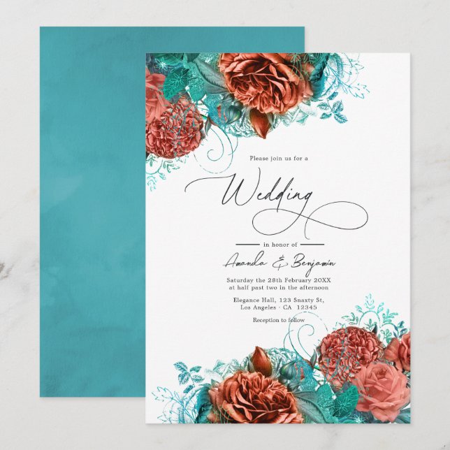 Convites Casamento Floral Rústico Turquesa e Coral (Frente/Verso)