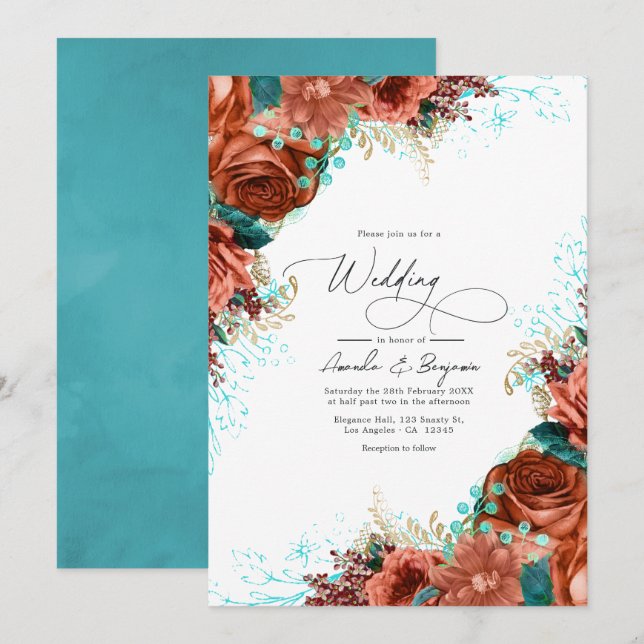Convites Casamento Floral Rústico Turquesa e Coral (Frente/Verso)