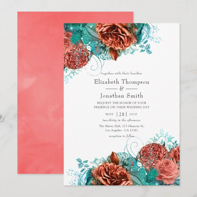 Convites Casamento Floral Rústico Turquesa e Coral Vivo (Frente/Verso)