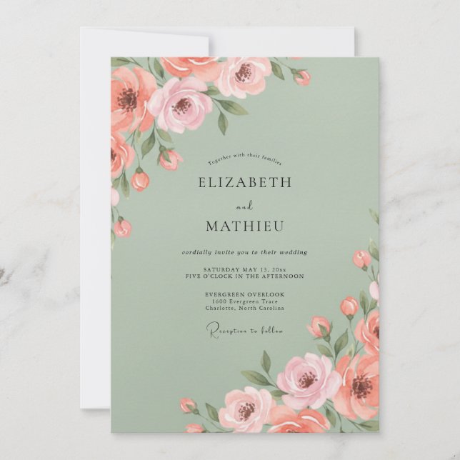 Convites Casamento Floral Sage Blush em Flor (Frente)