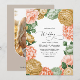 Convites Casamento Floral Salvia, Pêssego e Dourado Antigo