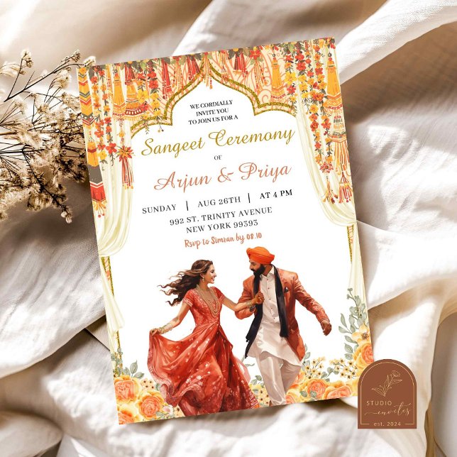Convites Casamento Floral Sangeet Indiano (Criador carregado)