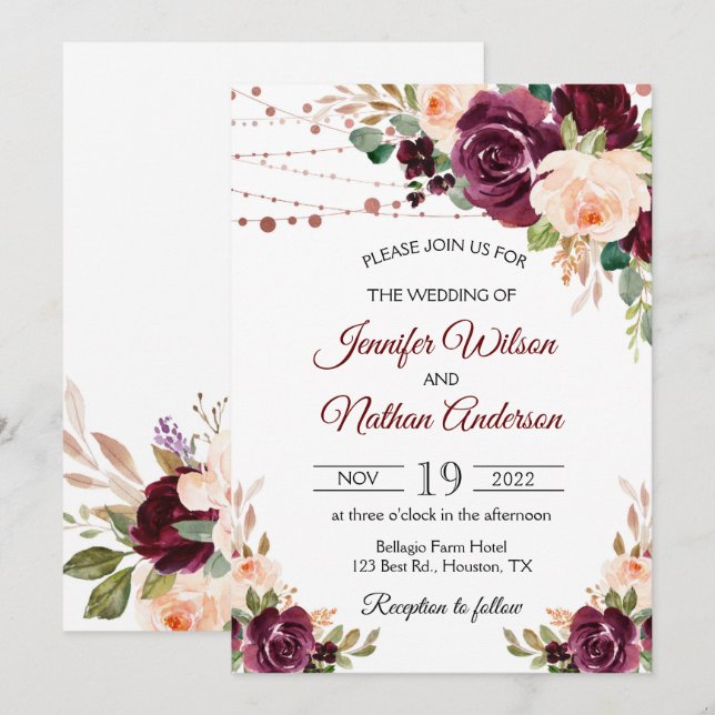 Convites Casamento Floral Script Elegante Burgundy (Frente/Verso)