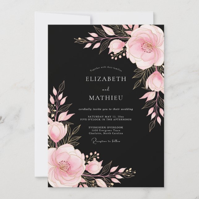 Convites Casamento Floral Sedutor Preto Rosa (Frente)