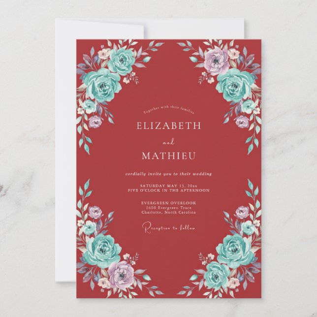 Convites Casamento Floral Sedutor Vermelho Carmesim (Frente)
