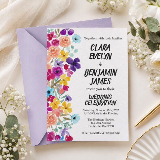 Convites Casamento floral selvagem e colorido (Criador carregado)