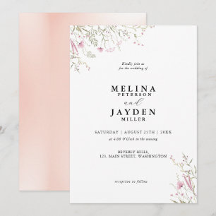 Convites Casamento Floral Selvagem Rosa Elegante