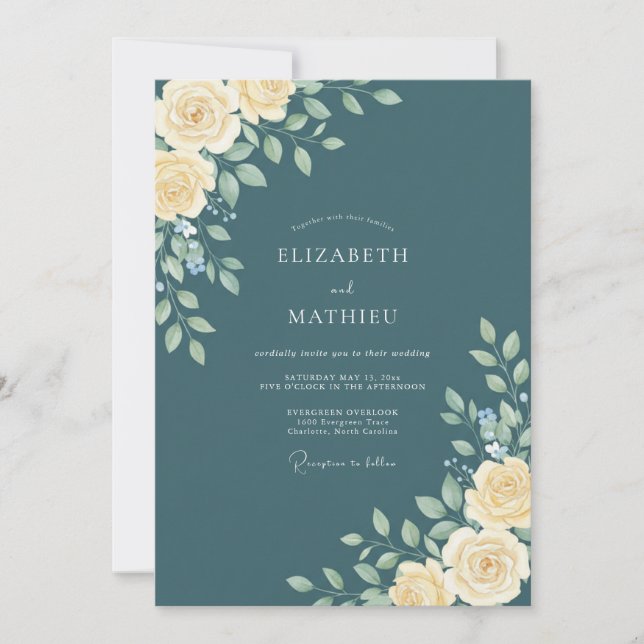 Convites Casamento Floral Seráfico Verde-água (Frente)