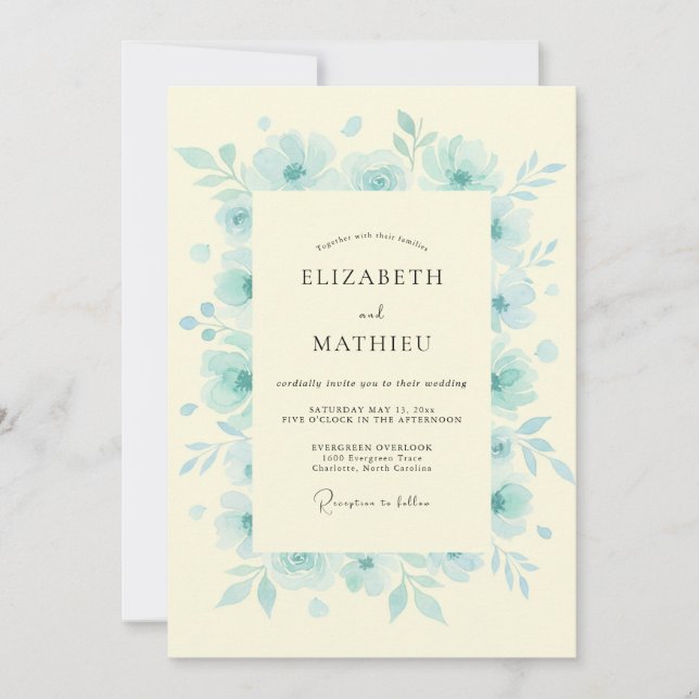 Convites Casamento Floral Sereno Azul Gelo (Frente)