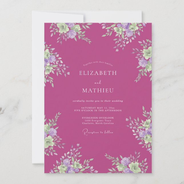 Convites Casamento Floral Sereno Magenta (Frente)