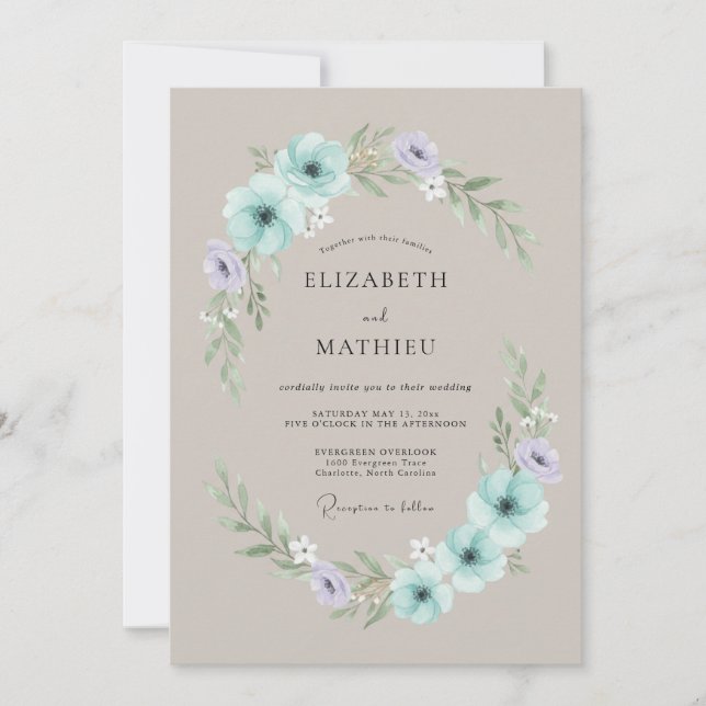 Convites Casamento Floral Sereno Verde Menta (Frente)