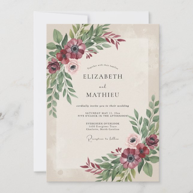 Convites Casamento Floral Silenciado Borgonha (Frente)