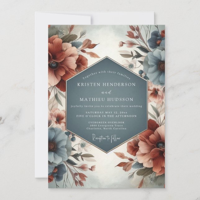 Convites Casamento Floral Silenciado Slate & Sienna (Frente)