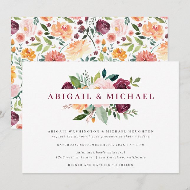 Convites Casamento Floral Simples Blush & Burgundy Watercol (Frente/Verso)