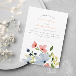 Convites Casamento Floral Simples Boho Azul e Rosa