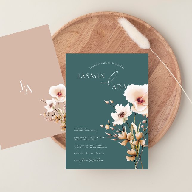 Convites Casamento Floral Simples com Flores Silvestres Ros (Simple Emerald Green Pink Wildflowers Wedding Invitation)