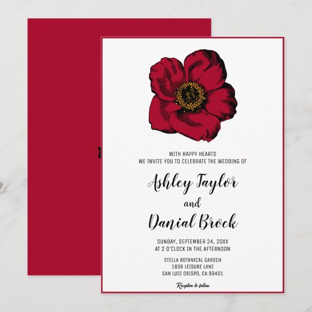 Convites Casamento floral simples da rosa vermelha Borgonha (Frente/Verso)