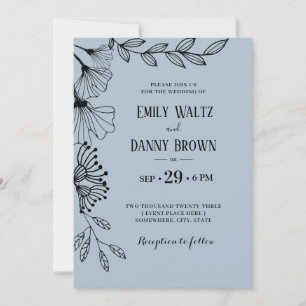 Convites Casamento Floral Simples de Dobra Azul Dusty Botân