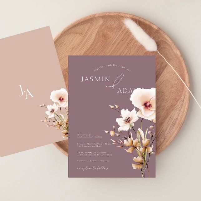 Convites Casamento Floral Simples de Flores Silvestres Roxa (Simple Purple Pink Wildflowers Wedding Invitation)