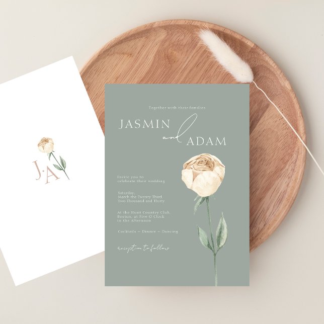 Convites Casamento Floral Simples e Elegante em Verde Salvi (Simple Elegant Sage Green Rose Gold Floral Wedding Invitation)