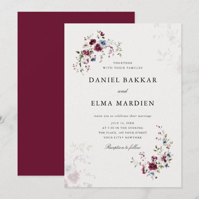 Convites Casamento Floral Simples e Moderno Burgundy Boho (Frente/Verso)