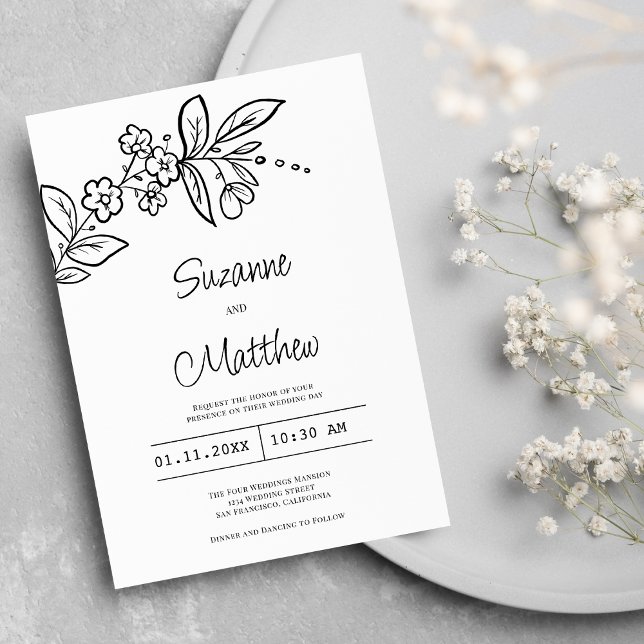 Convites Casamento floral simples e preto elegante (Elegant black and white simple floral wedding)