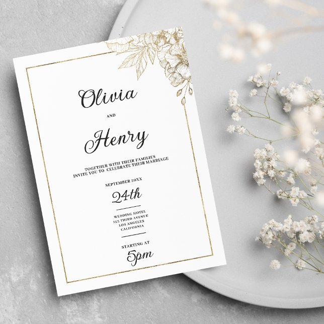 Convites Casamento floral simples, elegante, branco e ouro (Simple elegant white and gold floral wedding)