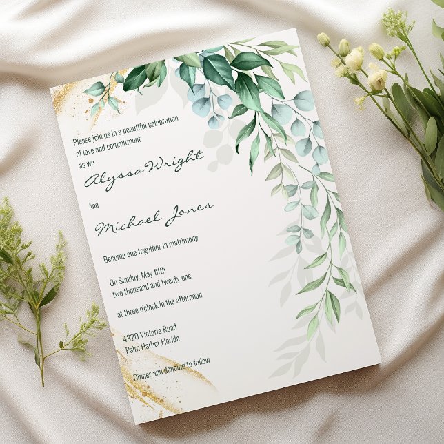 Convites Casamento floral simples marfim dourado folhagem  (Simple ivory gold greenery leaf floral Wedding )