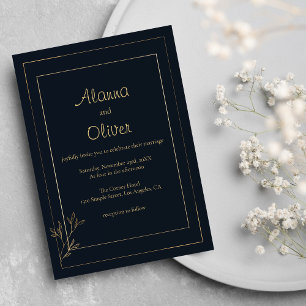 Convites Casamento floral simples minimalista de ouro azul