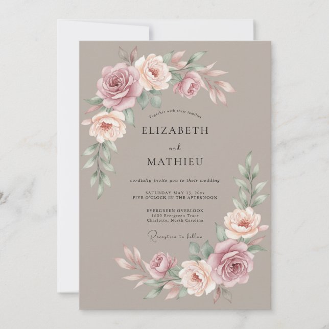 Convites Casamento Floral Soberbo em Taupe (Frente)