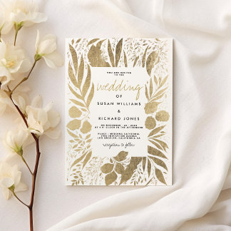 Convites Casamento floral sofisticado de folhagem de ouro b