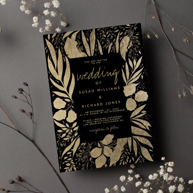 Convites Casamento floral sofisticado de folhagem de ouro n (Sophisticated black gold foliage floral wedding invitation )