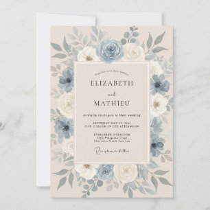 Convites Casamento Floral Sofisticado em Azul Aço