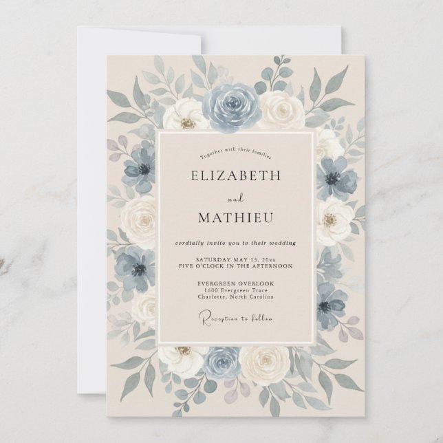 Convites Casamento Floral Sofisticado em Azul Aço (Frente)