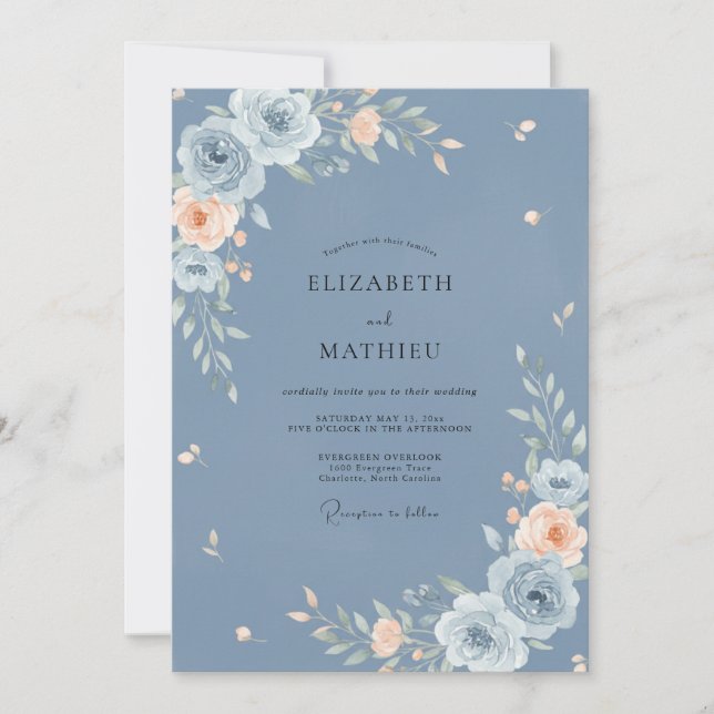 Convites Casamento Floral Sofisticado em Azul Empoeirado (Frente)