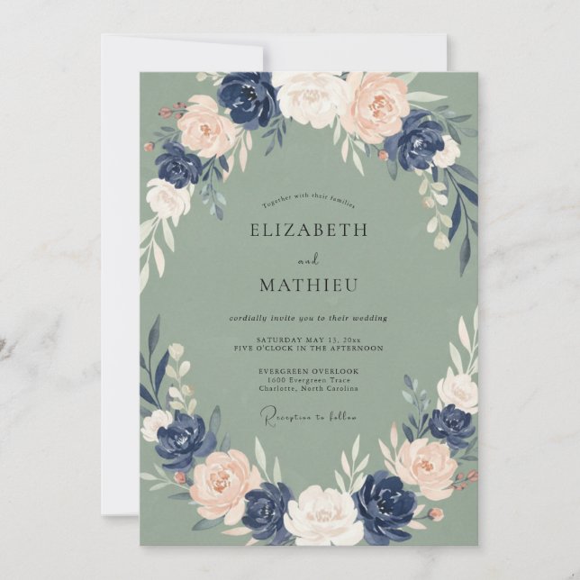 Convites Casamento Floral Sofisticado em Verde Salvia e Azu (Frente)